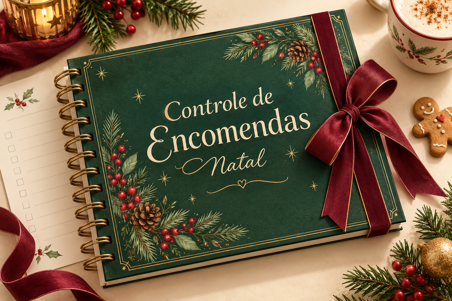 Capa ilustrativa do controle digital de encomendas de Natal, representada por um caderno verde com laço vinho