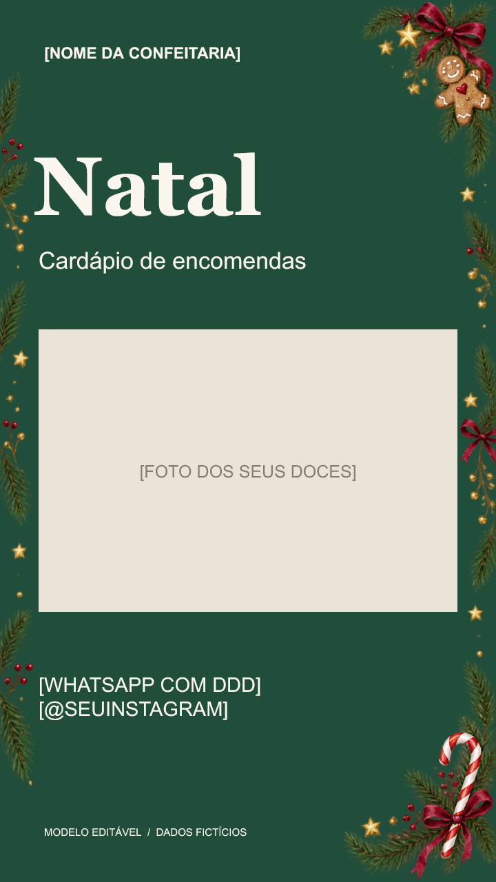 Capa verde do cardápio com ilustrações natalinas e espaço para a foto dos seus doces
